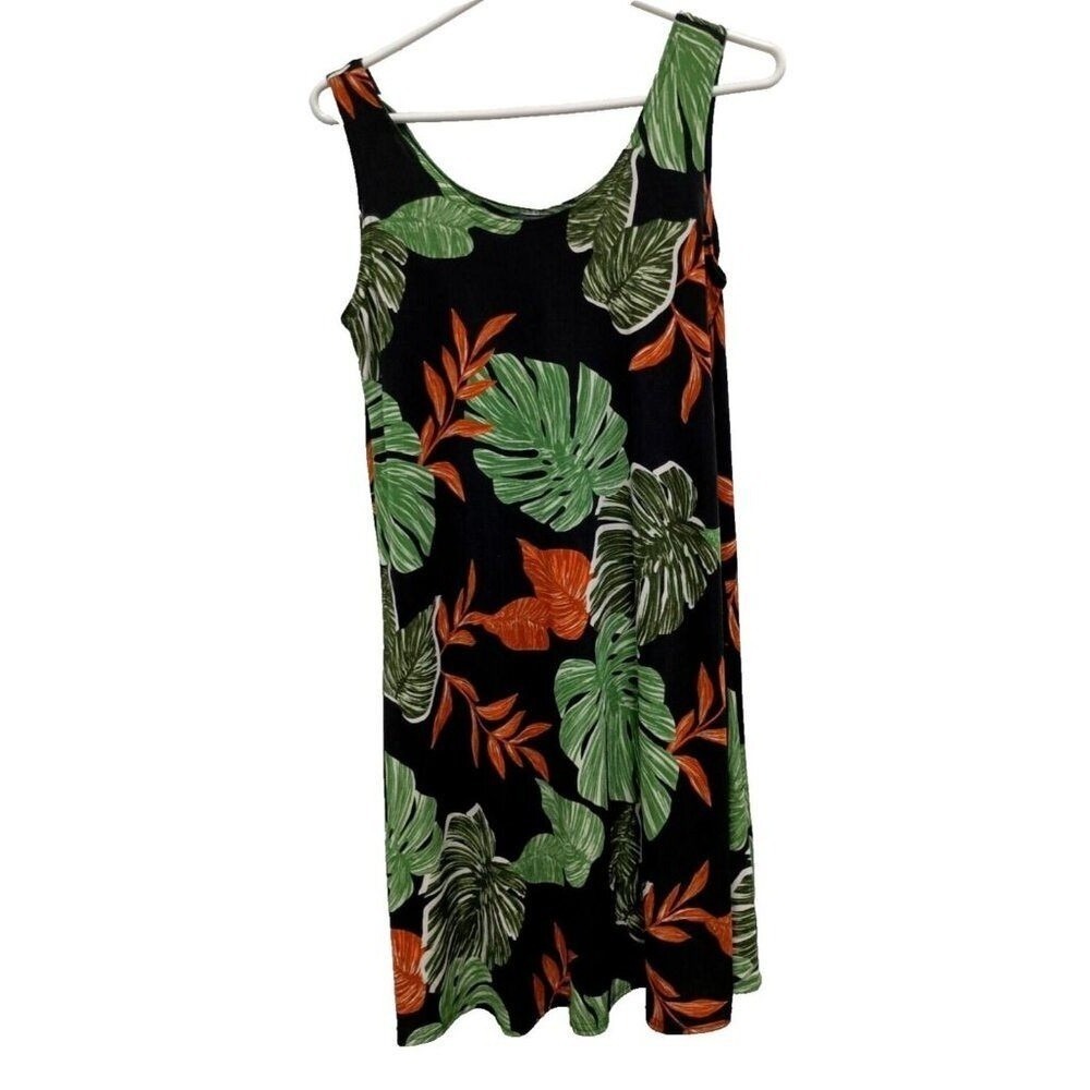 Jostar Mini Dress Womens Medium Black Tropical Leaf Print Sleeveless Beach